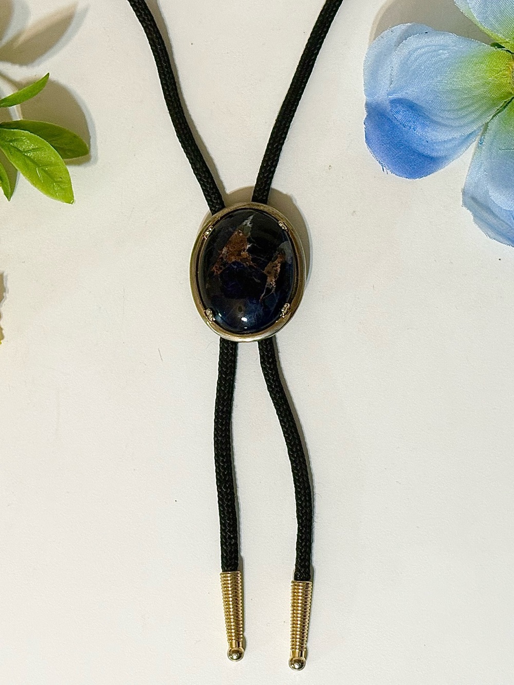 Vintage Navy Blue Oval Agate Stone Bolo Tie Black Braided Cord-Men’s Accessories